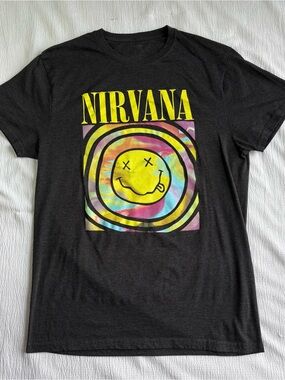 Nirvana Men's Large Charcoal Black/Gray Tie Dye Smiley Face Graphic Band T-Shirt